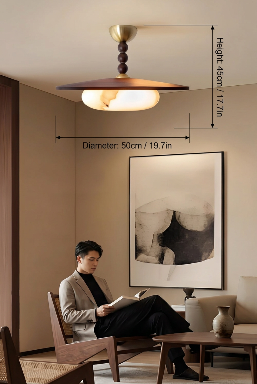 Woodlume | Walnut Flush Mount Ceiling Light with Alabaster Shade | Warm LED for Bedrooms