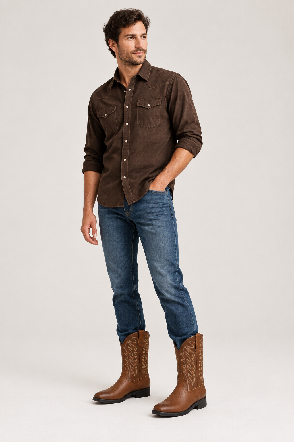 Calf-Length Cowboy Style Boots with Stacked Heel | Western Boots for Men