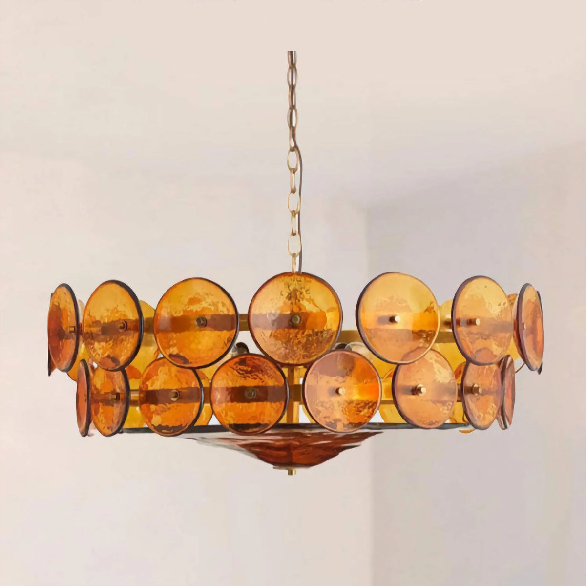Ambra Series | Amber Murano-Style Glass Disc Chandelier with Solid Brass Frame for Dining