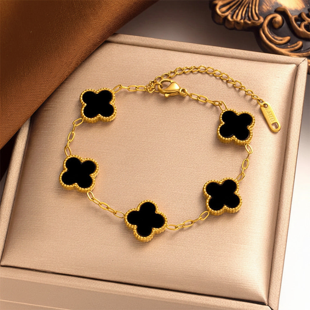 14K Gold Plated Clover Charm Bracelet Stainless Steel Flower Bracelet