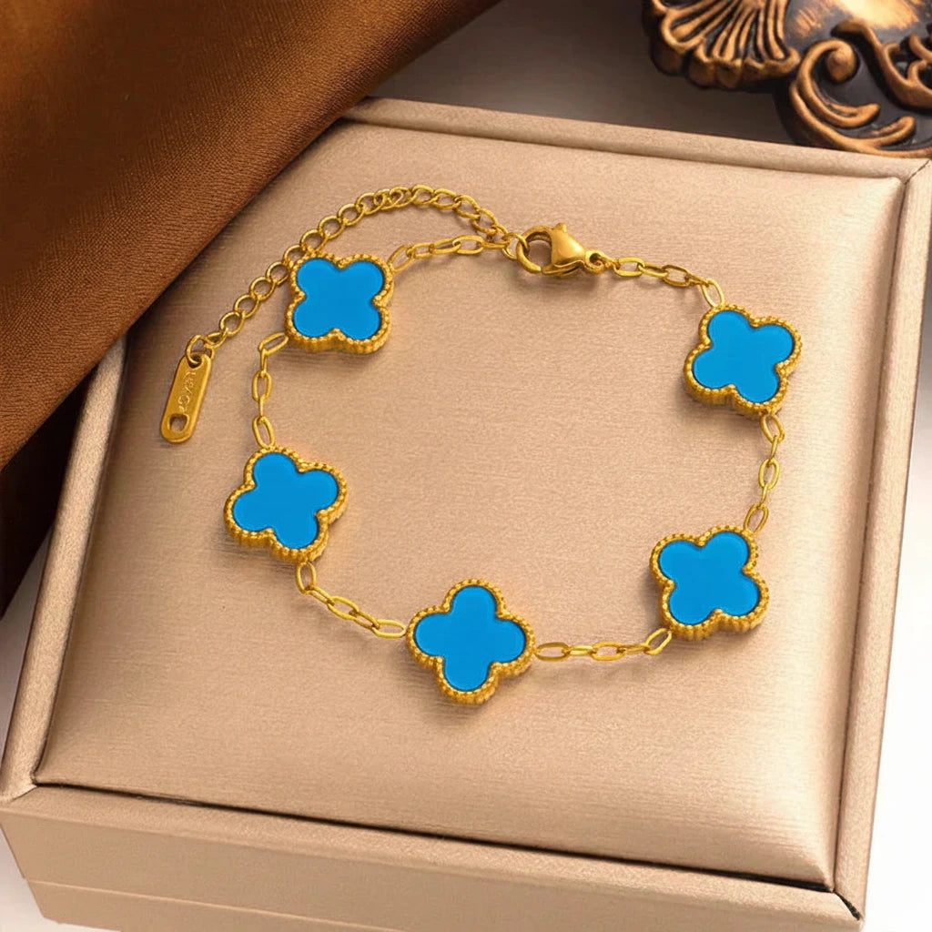14K Gold Plated Clover Charm Bracelet Stainless Steel Flower Bracelet