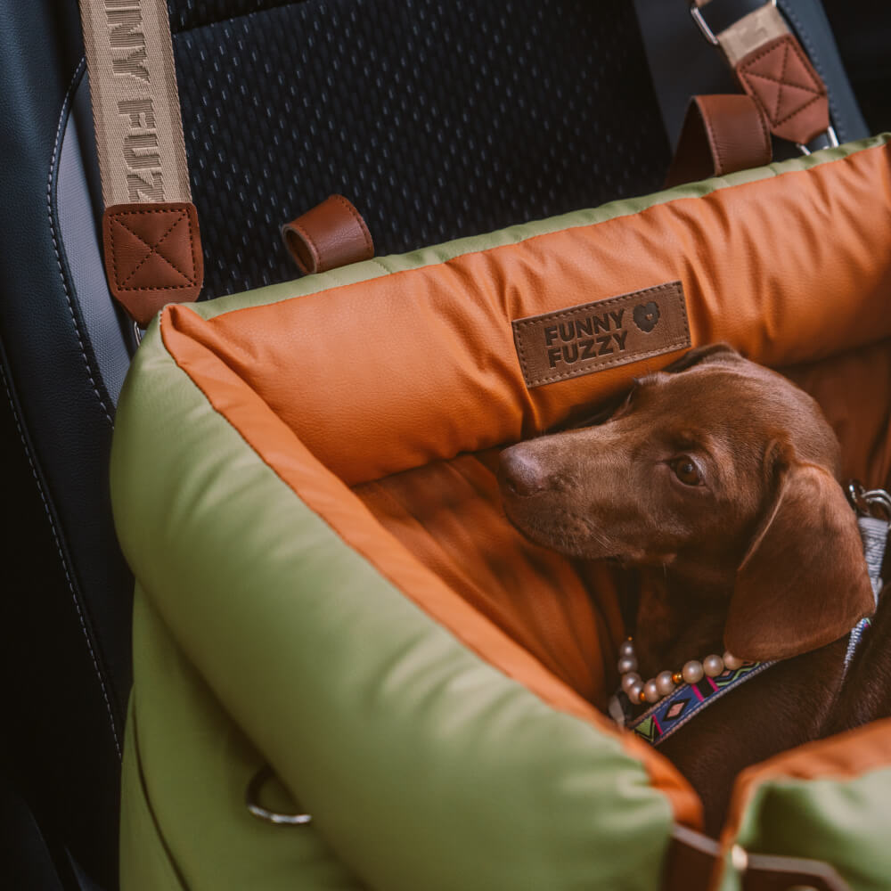 Rover | Faux Leather Dog Car Seat with Safety Belt, Plush Booster Bed for Long Car Trips