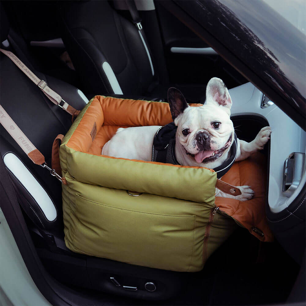 Rover | Faux Leather Dog Car Seat with Safety Belt, Plush Booster Bed for Long Car Trips