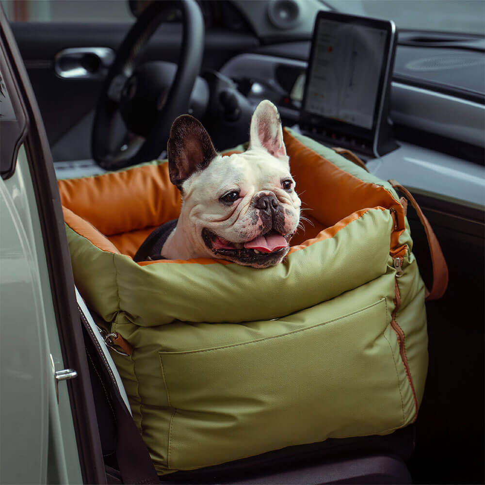 Rover | Faux Leather Dog Car Seat with Safety Belt, Plush Booster Bed for Long Car Trips