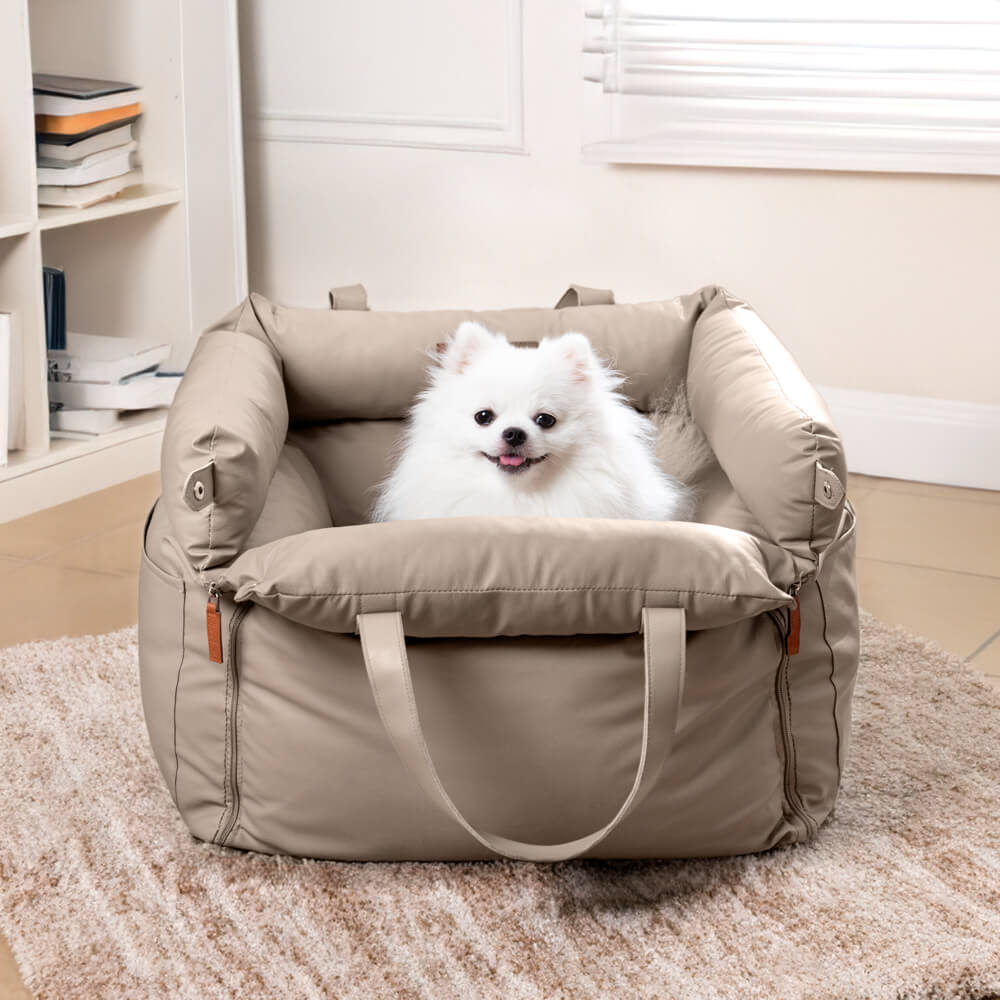 Rover | Faux Leather Dog Car Seat with Safety Belt, Plush Booster Bed for Long Car Trips