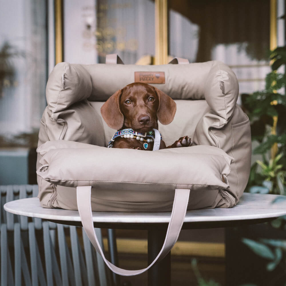 Rover | Faux Leather Dog Car Seat with Safety Belt, Plush Booster Bed for Long Car Trips