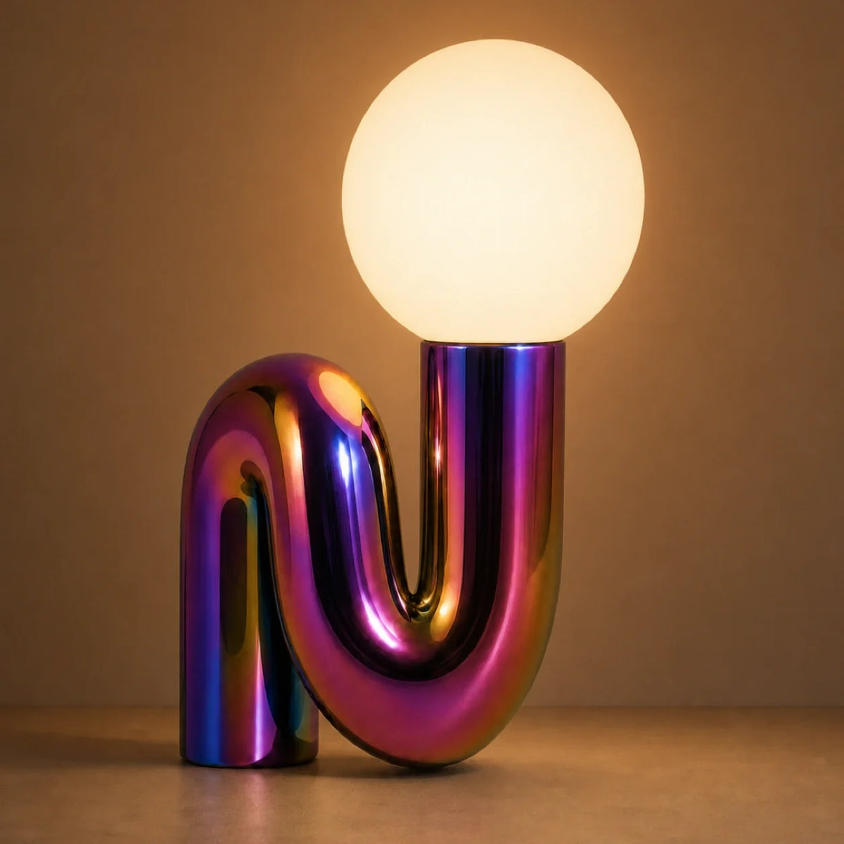 Sculptural S-Curve Table Lamp with Chrome Base | Frosted Glass Globe for Ambient Glow