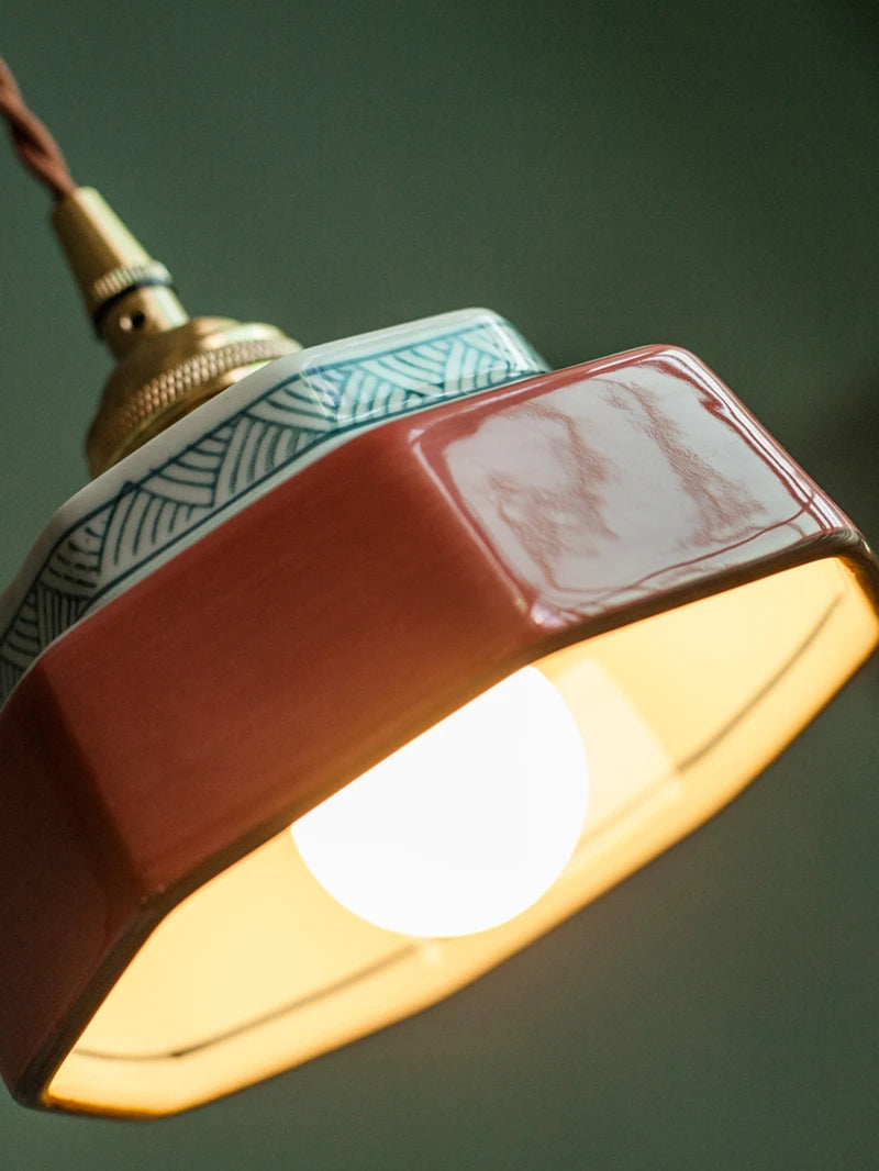 Hand-Painted Ceramic Pendant Light with Copper Socket | Nordic Kitchen Lamp