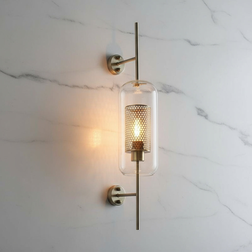 Modern Glass Wall Sconce with Gold or Chrome Finish | Pipe & Ball Design