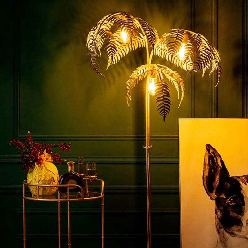 Gold Palm Tree Floor Lamp with Sculptural Fronds | Art Deco Light for Living Room