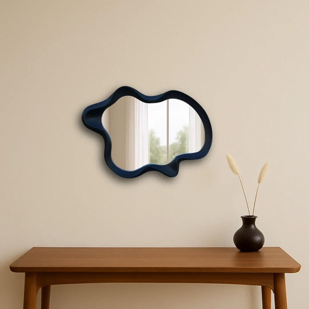 Wavy Wood Frame Wall Mirror with 3D Carved Border | Versatile Hanging for Any Room
