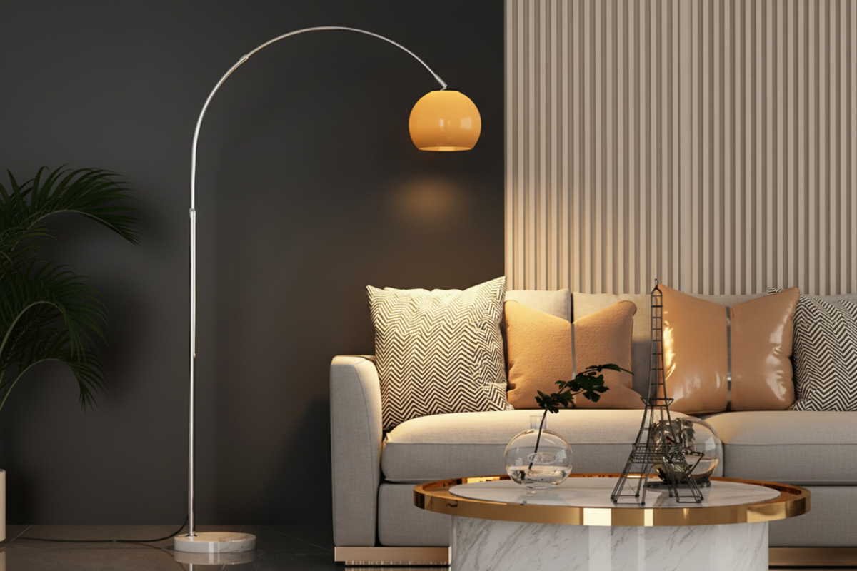 Chrome Arc Floor Lamp with Marble Base | Dimmable Mid-Century Light for Living Room