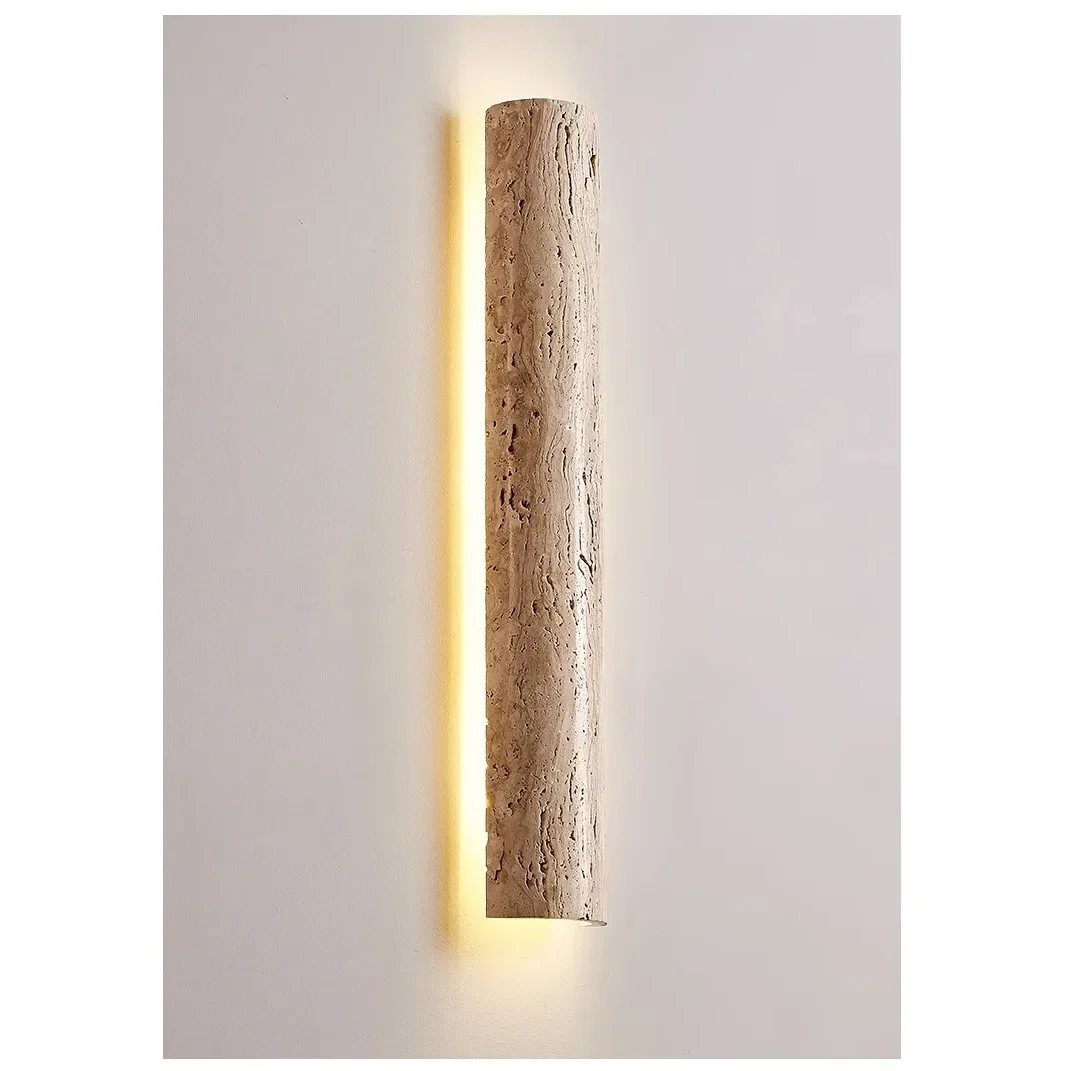 Natural Travertine Bar Wall Sconce with Integrated LED | Stone Light for Hallways