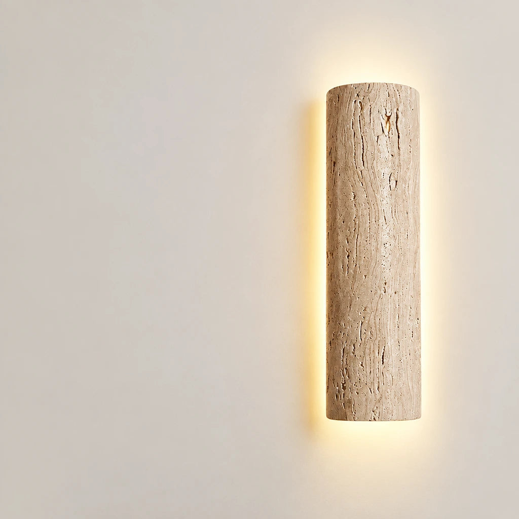 Natural Travertine Bar Wall Sconce with Integrated LED | Stone Light for Hallways