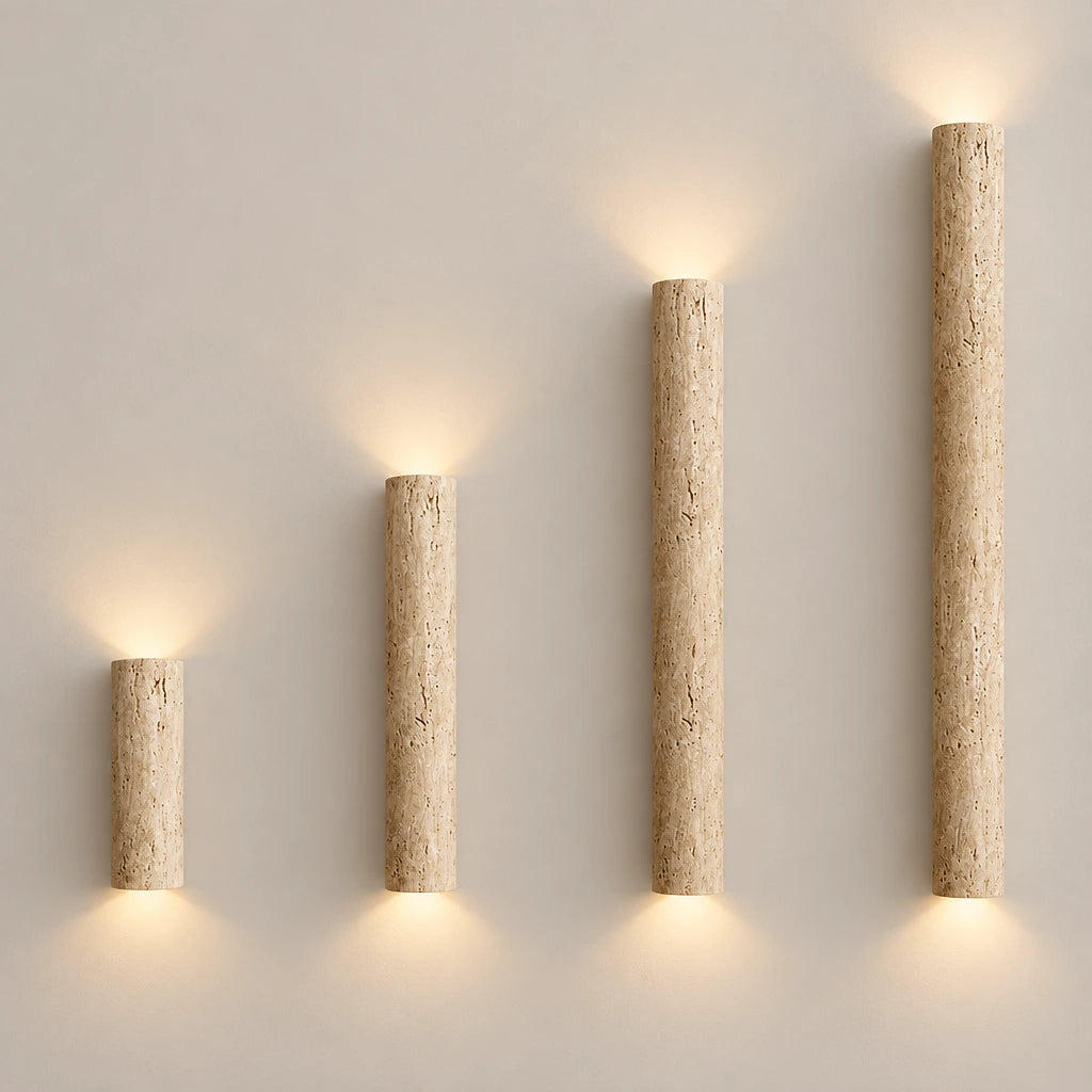 Natural Travertine Bar Wall Sconce with Integrated LED | Stone Light for Hallways
