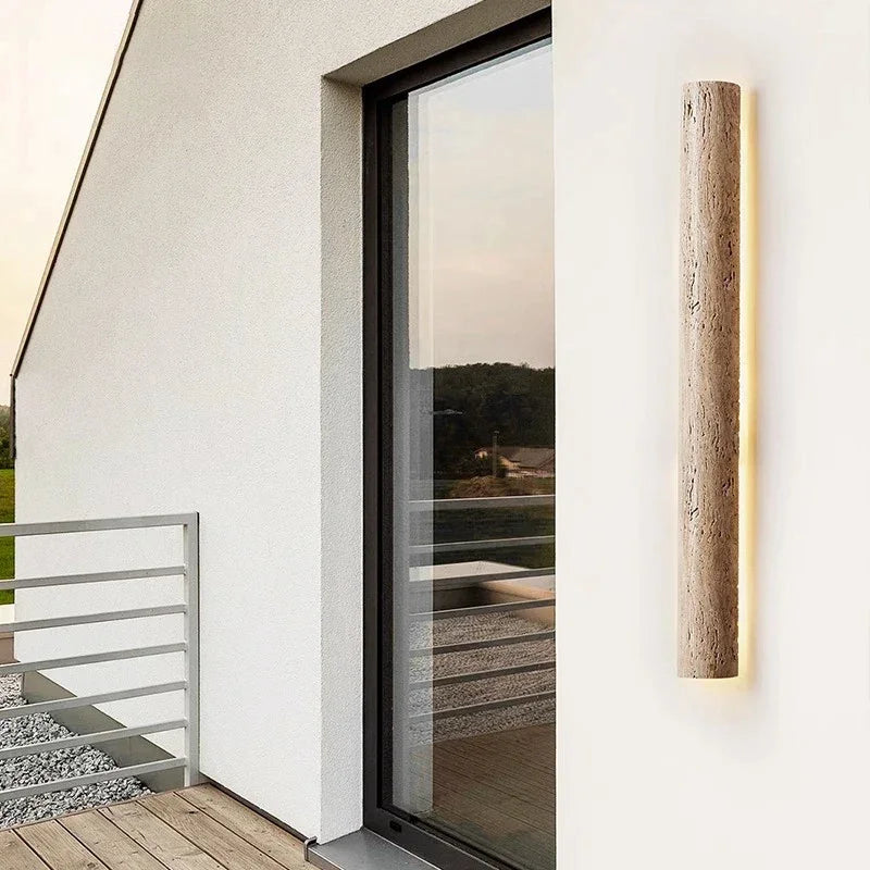 Natural Travertine Bar Wall Sconce with Integrated LED | Stone Light for Hallways
