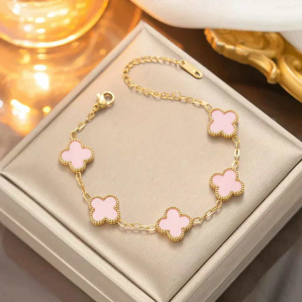 14K Gold Plated Clover Charm Bracelet Stainless Steel Flower Bracelet