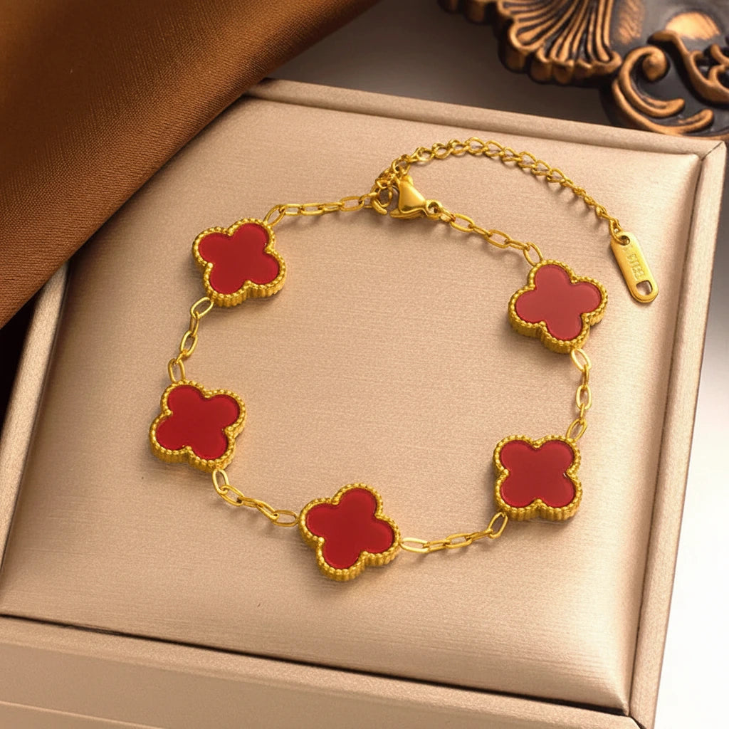 14K Gold Plated Clover Charm Bracelet Stainless Steel Flower Bracelet