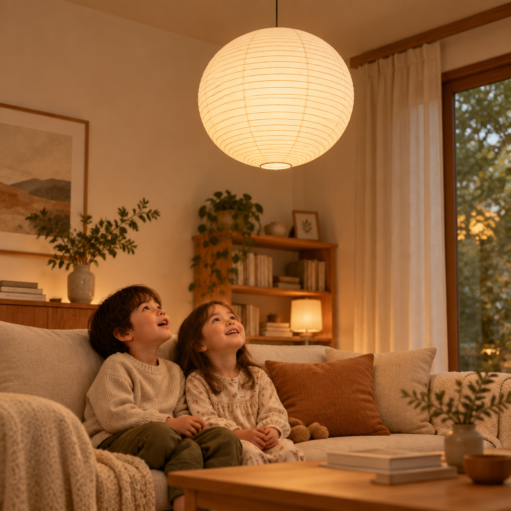 White Rice Paper Lantern Pendant Light with Even Ambient Glow | Japandi Ceiling Lamp