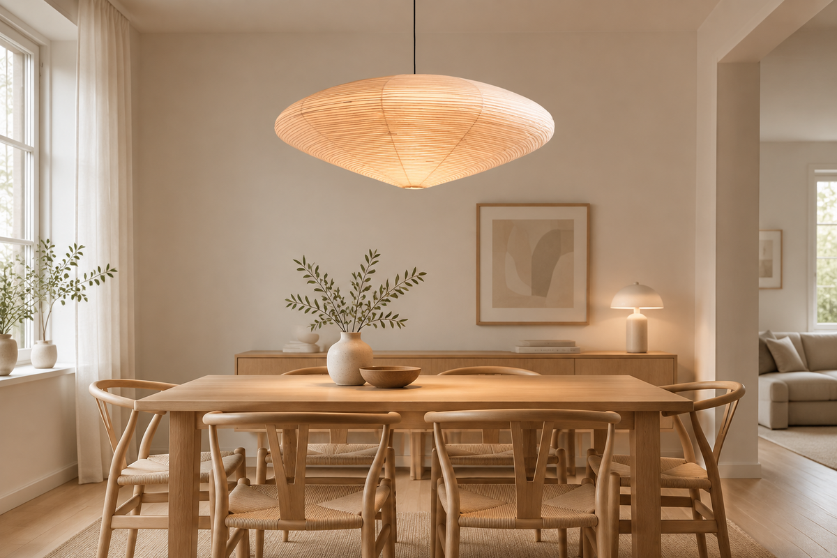 Washi Series | Washi Paper Disk Pendant with Bamboo Ribbing for Dining Room