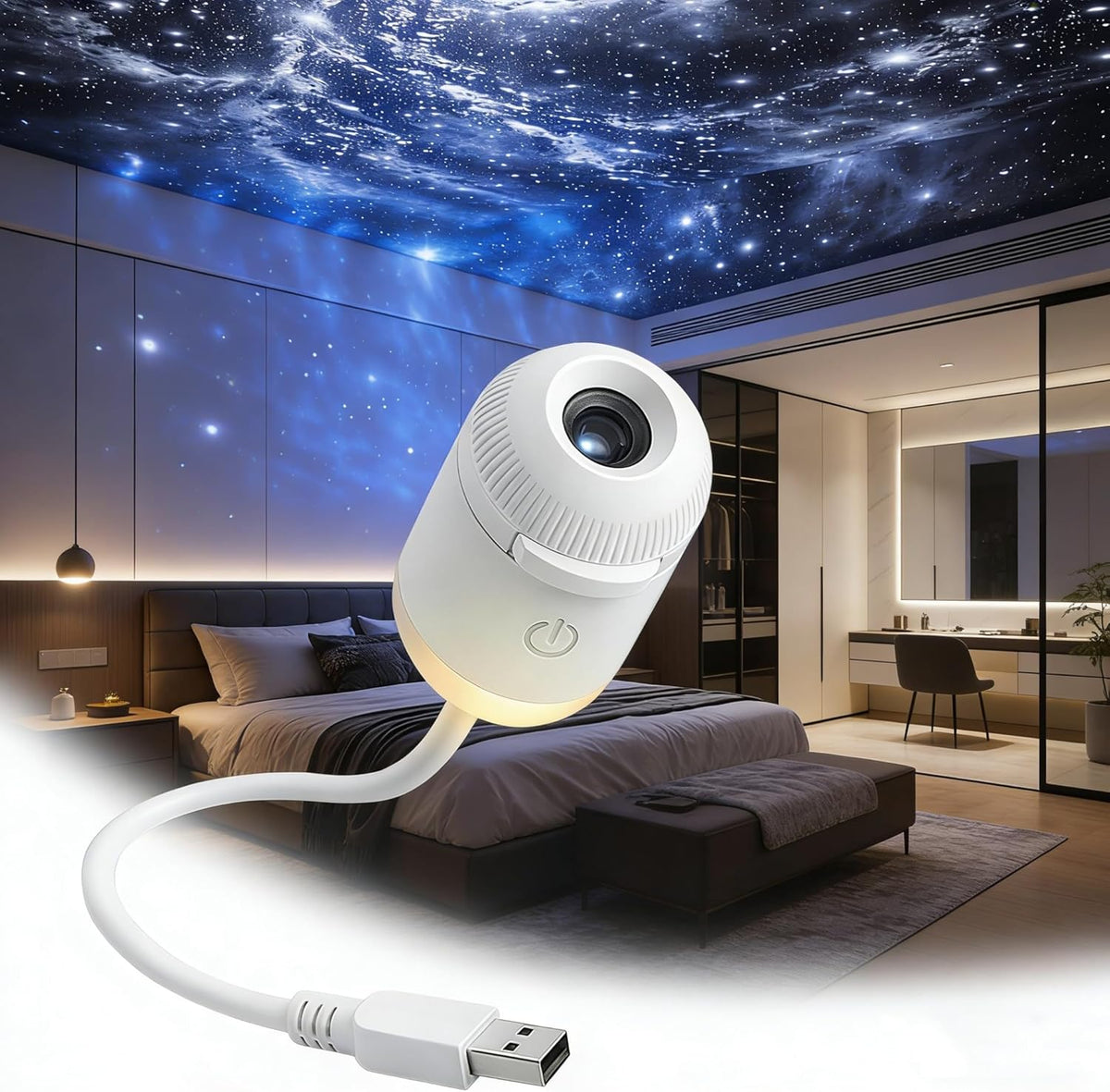 Galaxy Star Projector with Flexible Neck and Focus Ring | USB Night Light for Bedroom