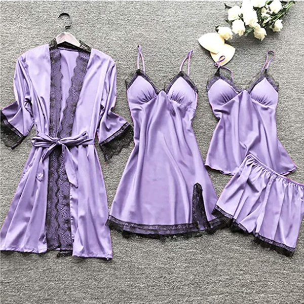 Sera | Women's Silk Satin Pajama Set with Lace Trim Kimono Robe, Cami & Shorts for Sleep