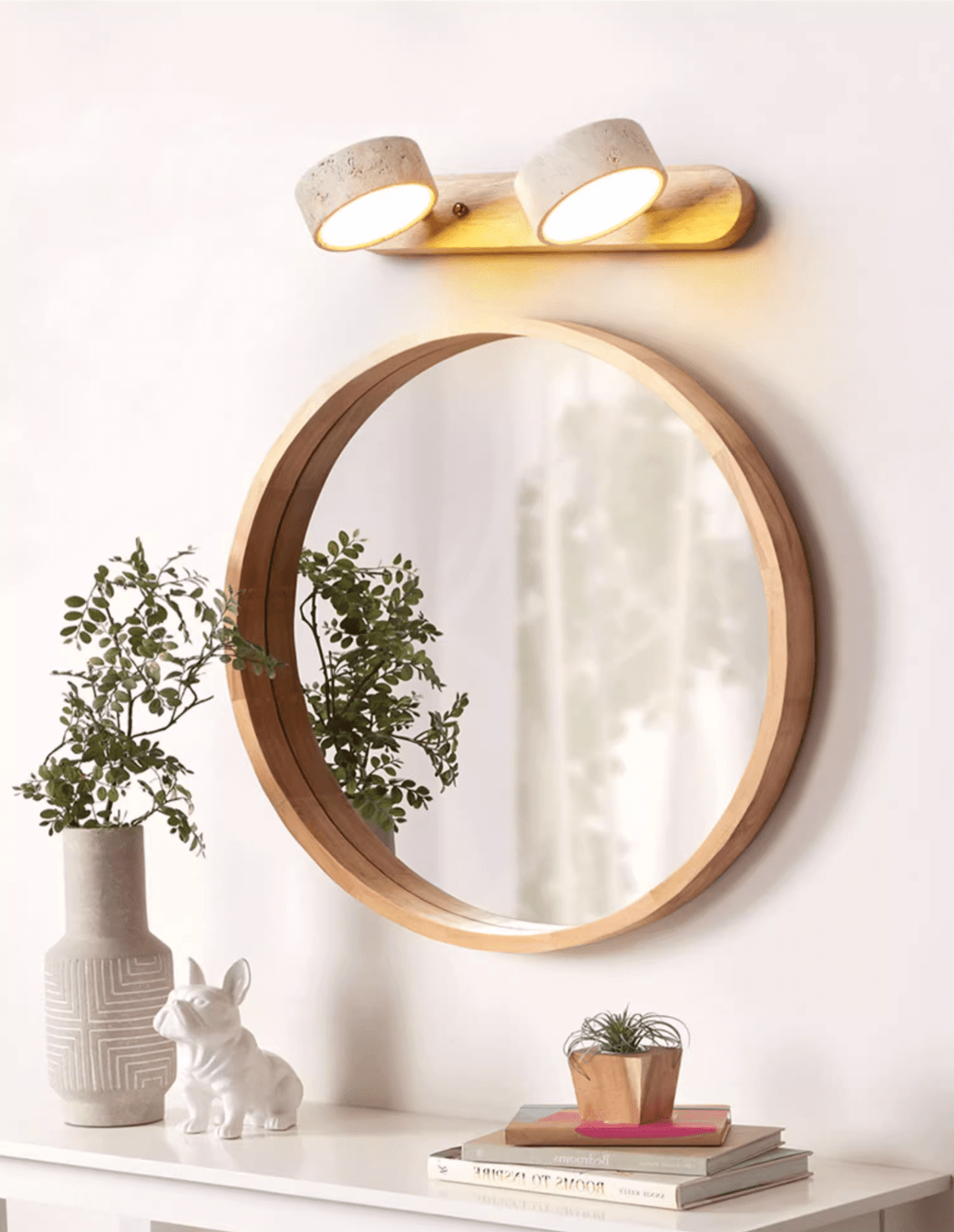Travertine Stone Wall Sconce with Dimmable LED | Natural Wood Accent for Warm Ambient Glow
