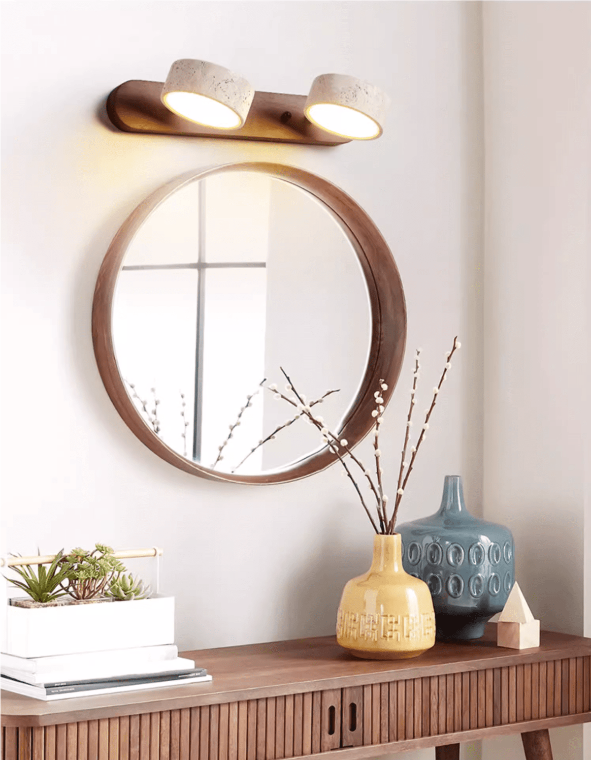 Travertine Stone Wall Sconce with Dimmable LED | Natural Wood Accent for Warm Ambient Glow