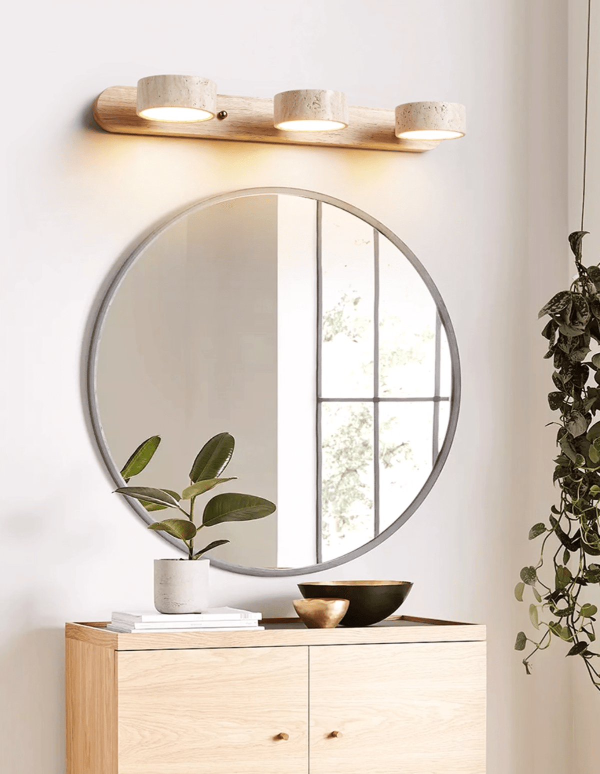 Travertine Stone Wall Sconce with Dimmable LED | Natural Wood Accent for Warm Ambient Glow