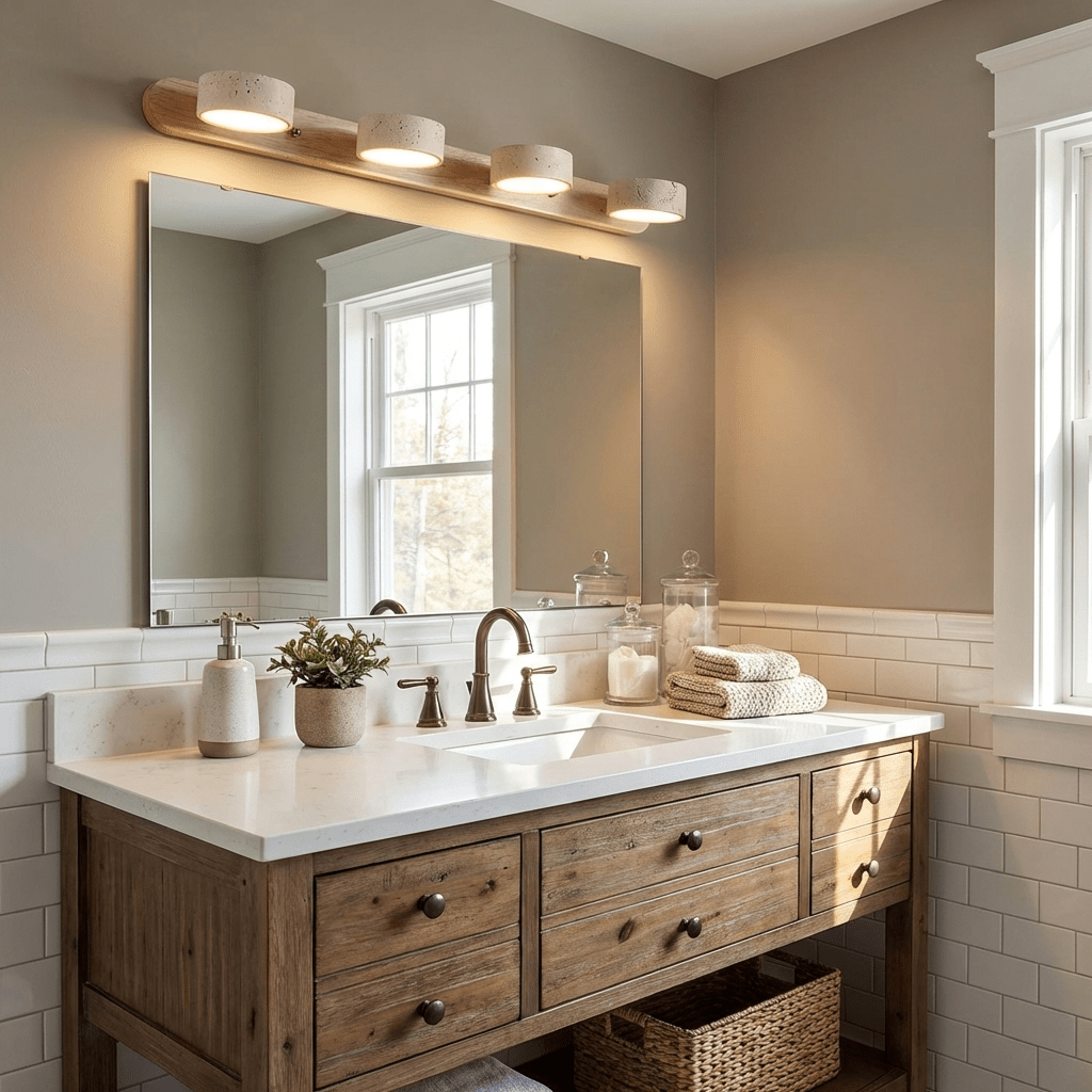 Travertine Stone Wall Sconce with Dimmable LED | Natural Wood Accent for Warm Ambient Glow