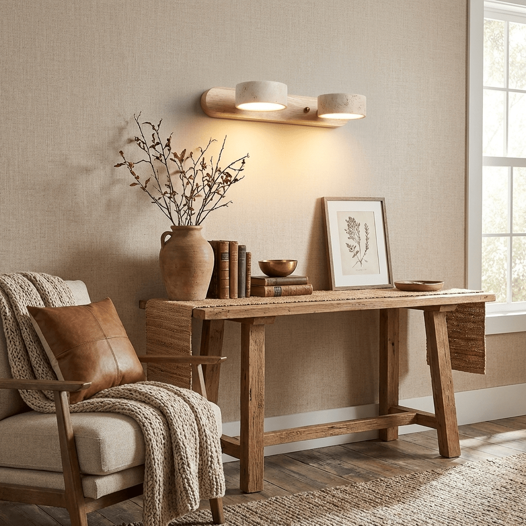 Travertine Stone Wall Sconce with Dimmable LED | Natural Wood Accent for Warm Ambient Glow