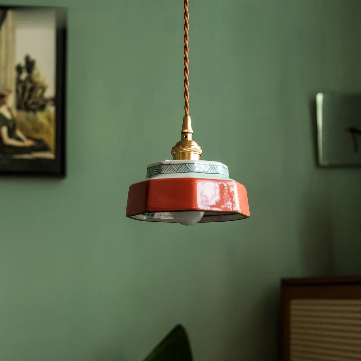 Hand-Painted Ceramic Pendant Light with Copper Socket | Nordic Kitchen Lamp