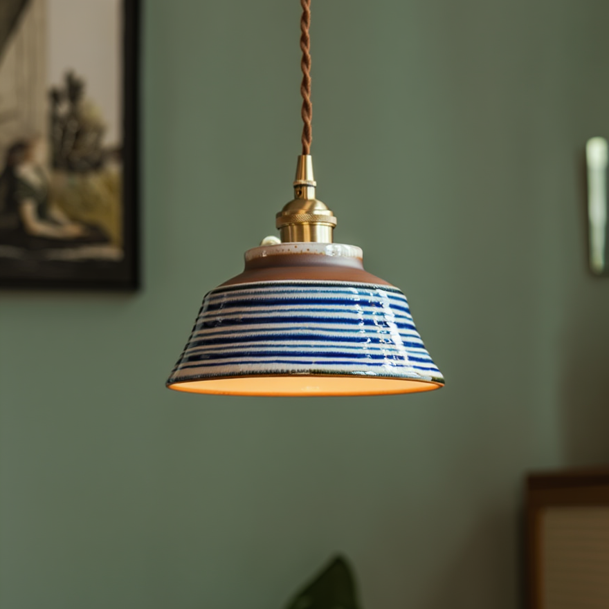 Hand-Painted Ceramic Pendant Light with Copper Fixture | Floral Kitchen Light