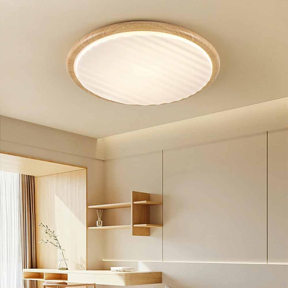 Wood LED Ceiling Light Round Wooden Flush Mount Lamp