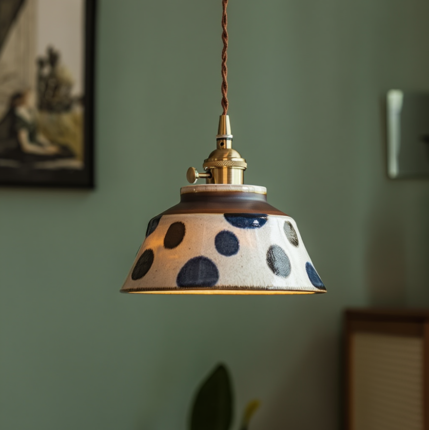 Hand-Painted Ceramic Pendant Light with Copper Fixture | Floral Kitchen Light