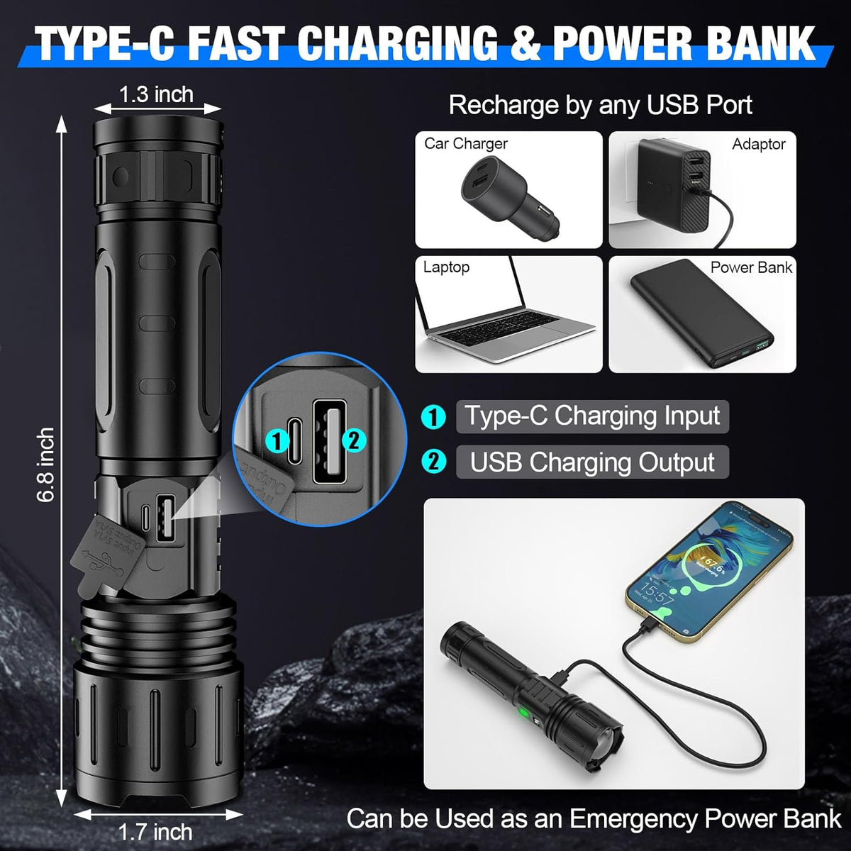 Rechargeable Zoomable LED Flashlight with USB-C Charging | Aluminum 5-Mode Outdoor Light