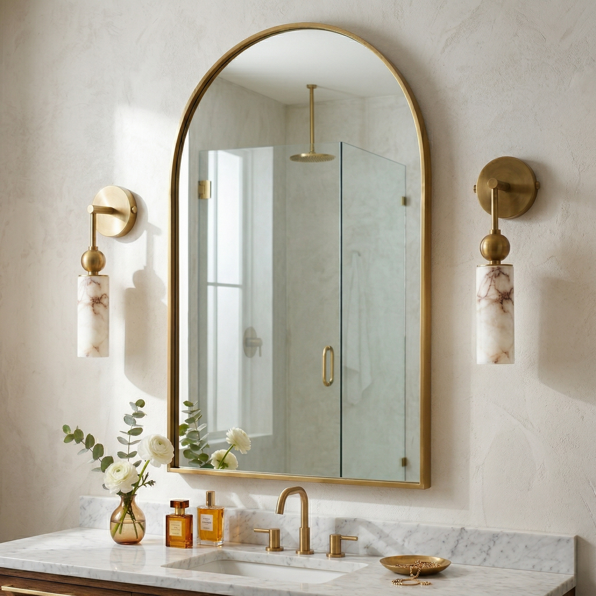 Natural Alabaster Wall Sconce with Brass Hardware | Warm Glow Bedside Light