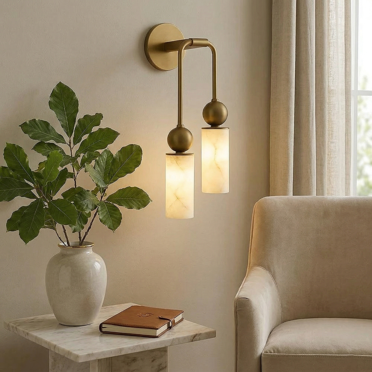 Natural Alabaster Wall Sconce with Brass Hardware | Warm Glow Bedside Light