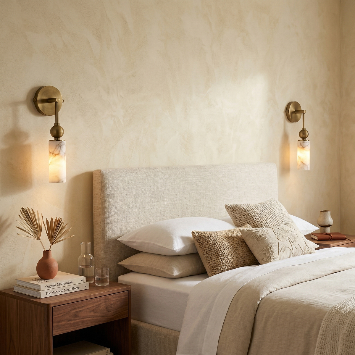 Natural Alabaster Wall Sconce with Brass Hardware | Warm Glow Bedside Light