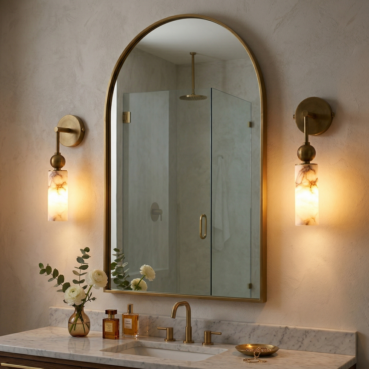 Natural Alabaster Wall Sconce with Brass Hardware | Warm Glow Bedside Light