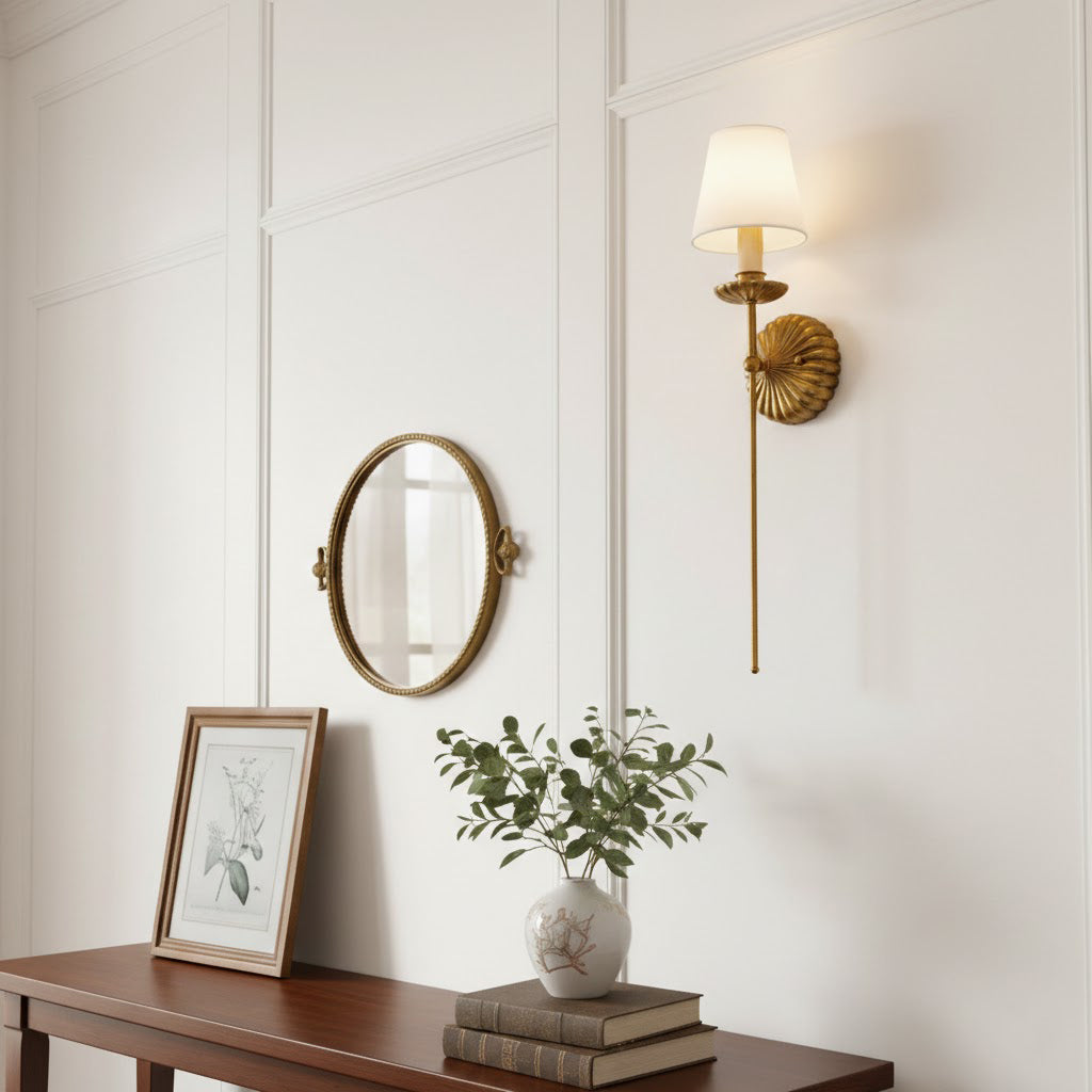 Gold Leaf Double Wall Sconce with Fabric Shades | Candle-Style Light for Hallways