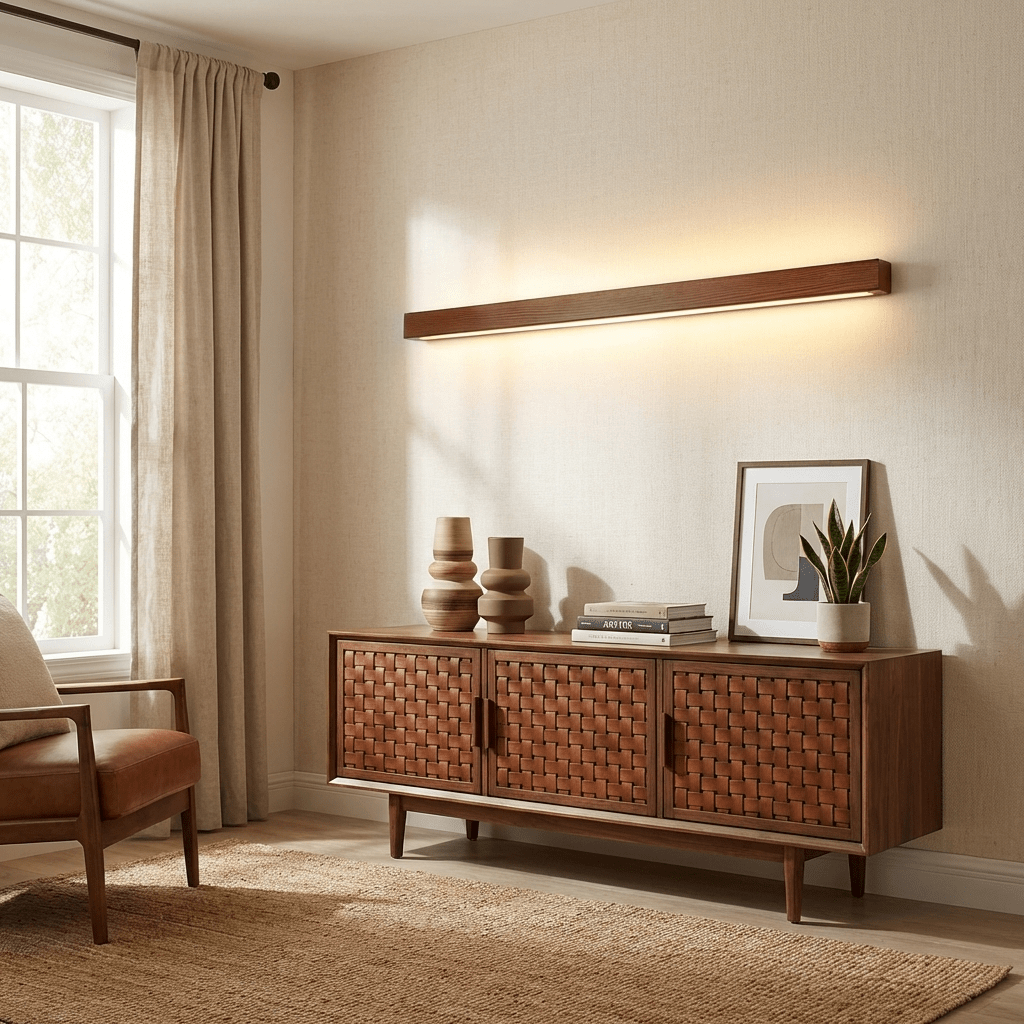 Woodline | Linear Pine Wood Wall Light with Dual Mount Design | LED Sconce for Entryways