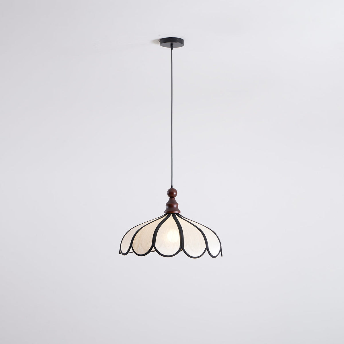 Petalux | Scalloped Pendant Light with Abaca Shade | Walnut Wood Fixture for Dining Room