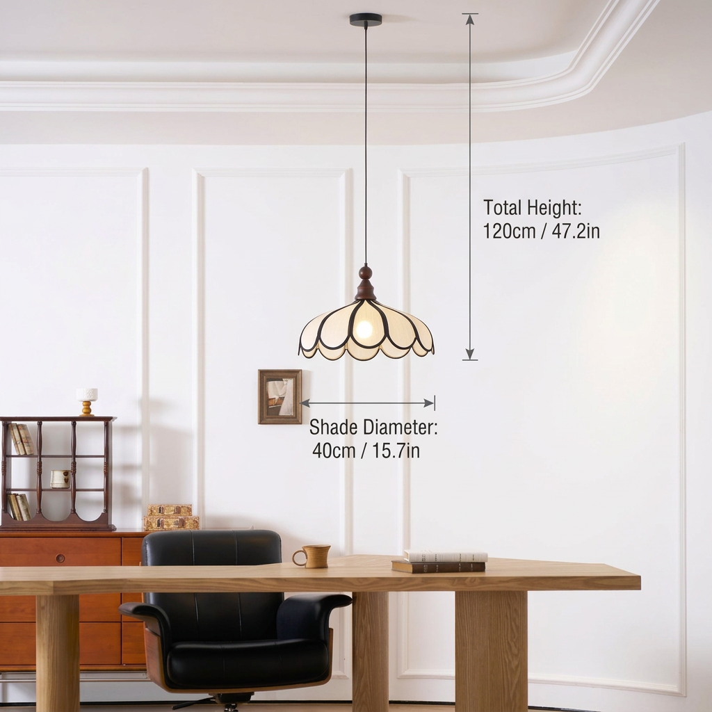 Petalux | Scalloped Pendant Light with Abaca Shade | Walnut Wood Fixture for Dining Room