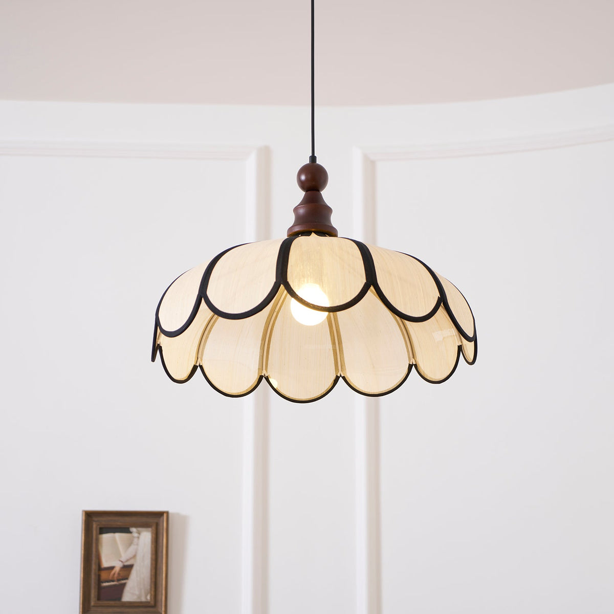 Petalux | Scalloped Pendant Light with Abaca Shade | Walnut Wood Fixture for Dining Room