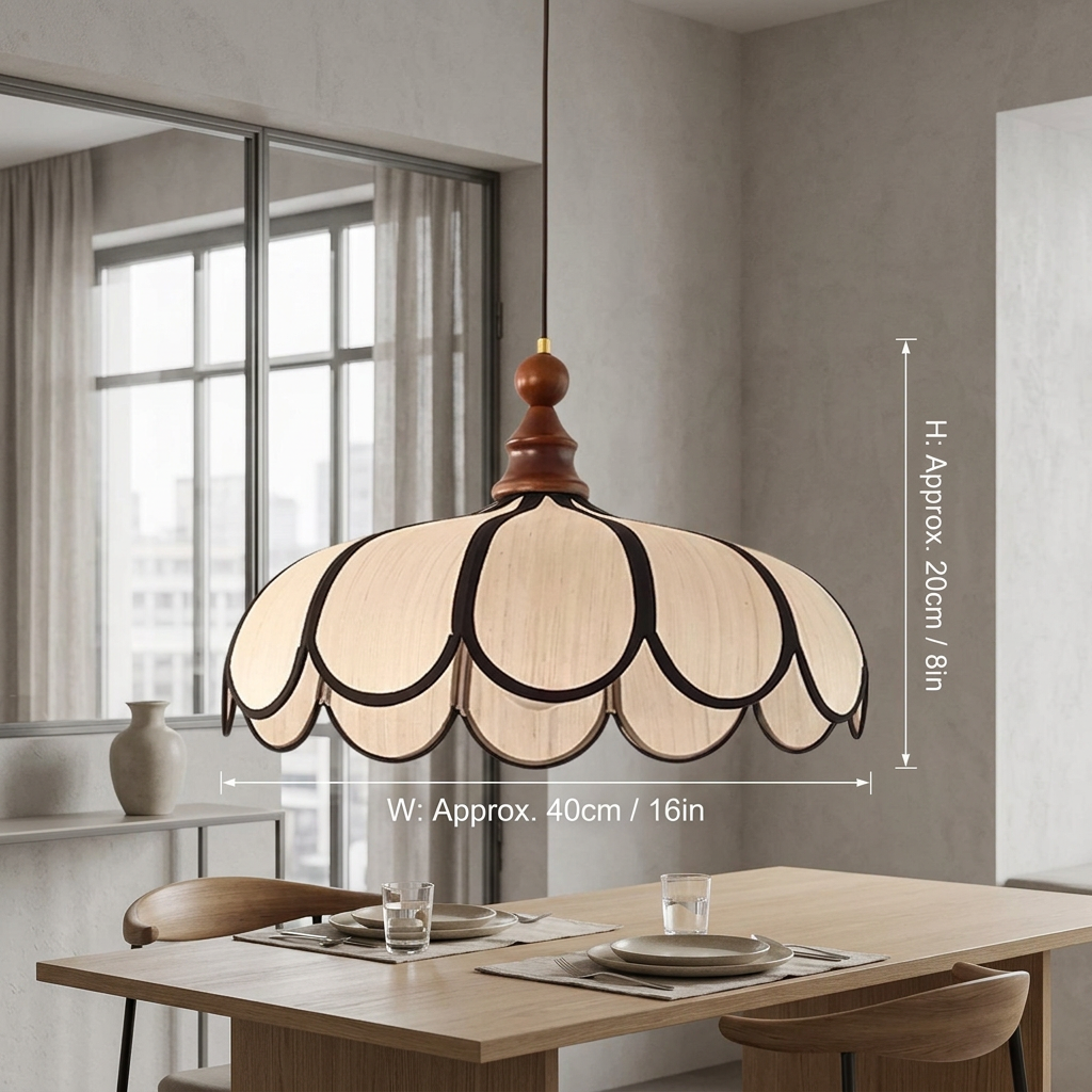 Petalux | Scalloped Pendant Light with Abaca Shade | Walnut Wood Fixture for Dining Room