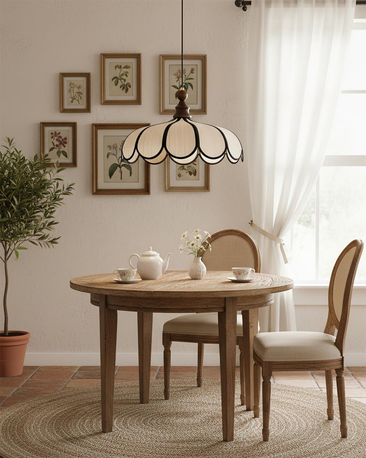 Petalux | Scalloped Pendant Light with Abaca Shade | Walnut Wood Fixture for Dining Room