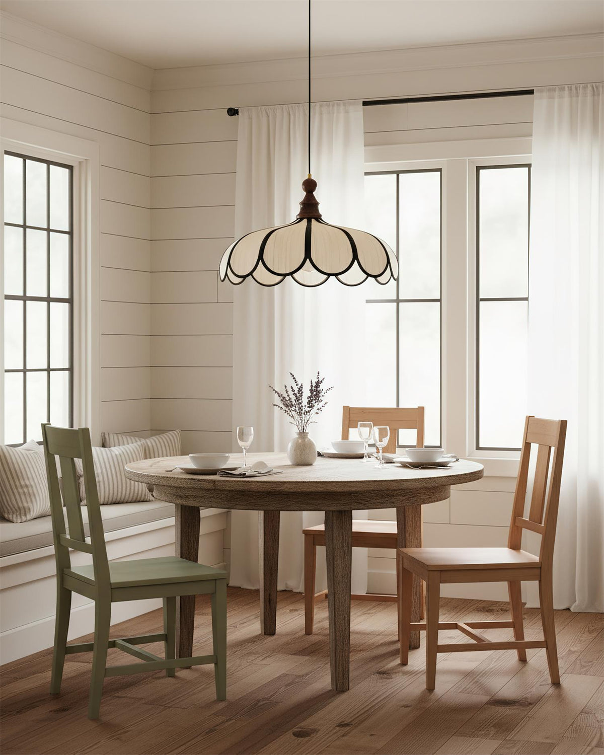 Petalux | Scalloped Pendant Light with Abaca Shade | Walnut Wood Fixture for Dining Room