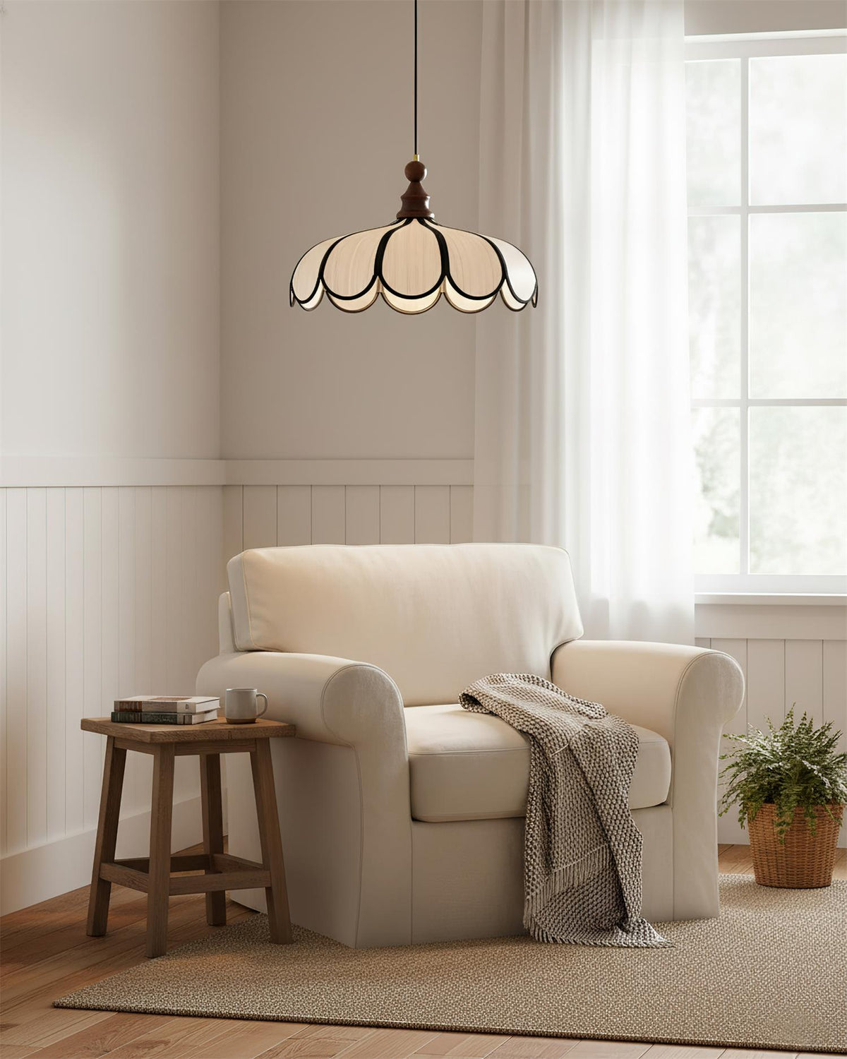Petalux | Scalloped Pendant Light with Abaca Shade | Walnut Wood Fixture for Dining Room