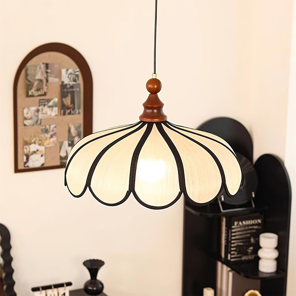 Petalux | Scalloped Pendant Light with Abaca Shade | Walnut Wood Fixture for Dining Room